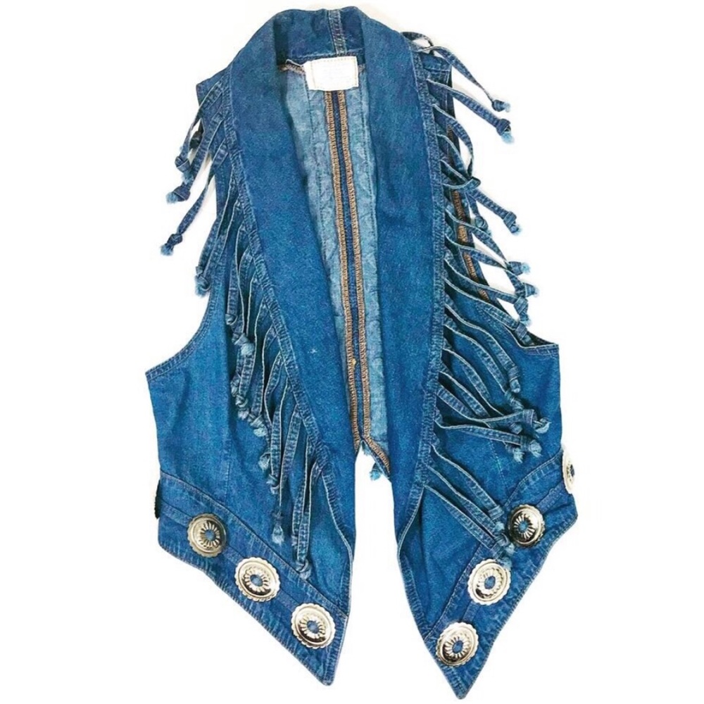 Vintage Concho Fringe Boho Denim Blue Jean Vest